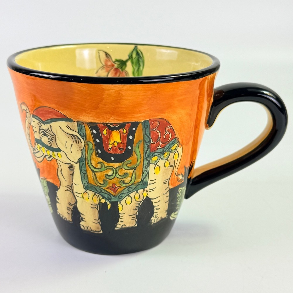 West Indies Elephant Coffee Mug Orange Black Ceramic Hand Painted Boho Excellent